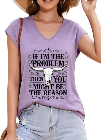 Womens If I'm The Problem You Might Be The Reason V-Neck T-Shirt Tee Ladies Top Colored Cotton Shirt in Kuwait