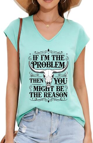 Womens If I'm The Problem You Might Be The Reason V-Neck T-Shirt Tee Ladies Top Colored Cotton Shirt in Kuwait