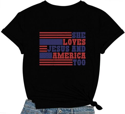 She Loves Jesus and America Too Shirt Women American Flag Tshirt Funny 4th of July Patriotic Tee Tops in Saudi Arabia