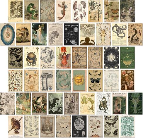 Vodefoad Vintage Fairycore Decor - 50pcs Fairy Room Decor Aesthetic Pictures 4"x6" Earthy Forest Animal Wall Art Prints Retro Grunge Fairy Wall Collage Kit Nature Cottagecore Mushroom Pictures for Dorm Bedroom in Saudi Arabia
