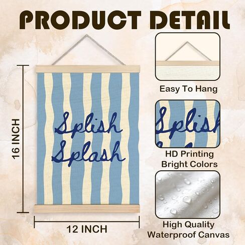 FWSFD Trendy Blue Kids Bathroom Wall Art Decor Poster, Cute Splish Splash Blue Striped Hanging Wall Decor Canvas Prints Artwork for Boys Kids Bathroom Washroom Restroom, 12x16 Inches in Kuwait