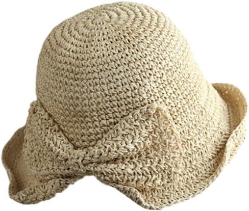 Foldable Wide Brim Floppy Straw Beach Sun Hat,Summer Bucket Cap with Bowknot for Women Girls in Kuwait