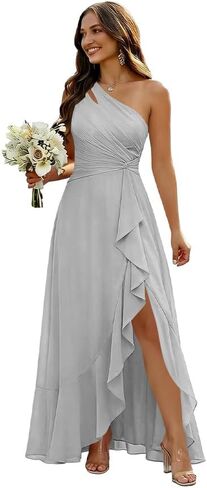 One Shoulder Chiffon Bridesmaid Dress Pleated Bodice Long A Line Formal Evening Dress for Women VA17 in Saudi Arabia