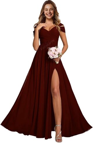 Off Shoulder Chiffon Bridesmaid Dresses for Women Long Ruched with Slit A Line Prom Formal Evening Dress in Saudi Arabia