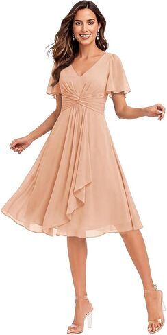 Women's Chiffon Bridesmaid Dresses Tea Length Short Sleeves Maid of Honor Dress for Wedding with Pleats in Saudi Arabia