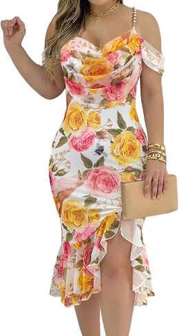 CHICME Womens Sexy Floral Bodycon Party Dress Off The Shoulder Pearls Strap Midi Dress Ruffle Hem Cocktail Dresses in Saudi Arabia