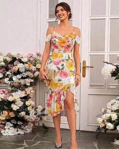 CHICME Womens Sexy Floral Bodycon Party Dress Off The Shoulder Pearls Strap Midi Dress Ruffle Hem Cocktail Dresses in Saudi Arabia