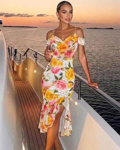 CHICME Womens Sexy Floral Bodycon Party Dress Off The Shoulder Pearls Strap Midi Dress Ruffle Hem Cocktail Dresses in Saudi Arabia