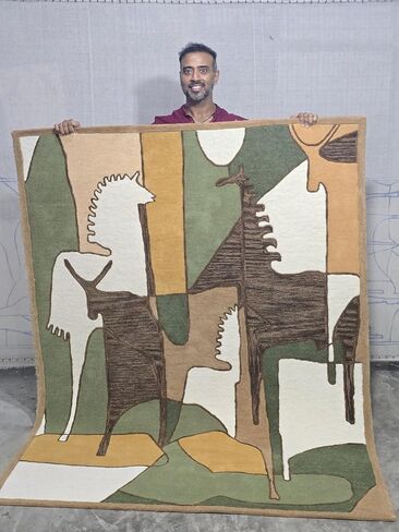 Handwoven Wool Wall Hanging Tapestry - Abstract Horse & Animal Art Rug, Mid-Century Boho Wall Decor, Large Earthy Tone Statement Piece Japandi Artisan Textile Sculpture wall Art (Green, 36x48 Inch (Portrait)) in Kuwait