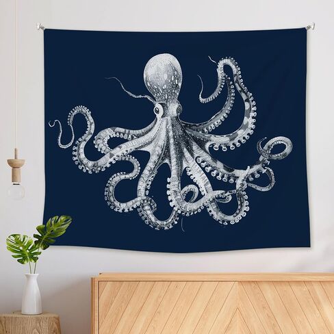 EGBTL Coastal Beach Octopus Tapestry, Octopus Gifts Wall Tapestry for Beach House, Navy Blue Marine Biology Ocean Tapestries Wall Hanging Decor for Home Bedroom Living Room, 50x60 Inches in Saudi Arabia
