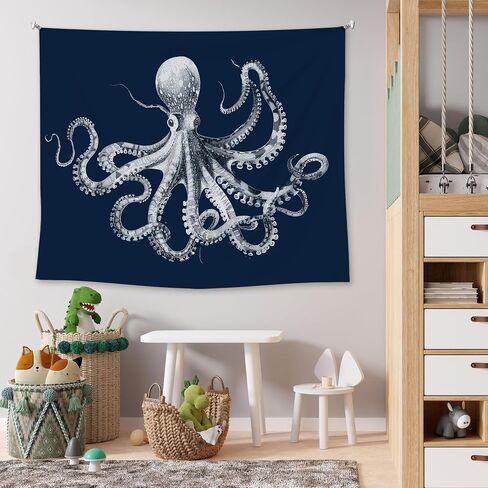 EGBTL Coastal Beach Octopus Tapestry, Octopus Gifts Wall Tapestry for Beach House, Navy Blue Marine Biology Ocean Tapestries Wall Hanging Decor for Home Bedroom Living Room, 50x60 Inches in Saudi Arabia