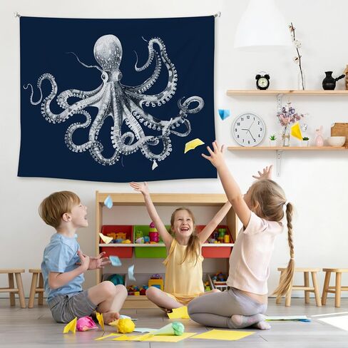 EGBTL Coastal Beach Octopus Tapestry, Octopus Gifts Wall Tapestry for Beach House, Navy Blue Marine Biology Ocean Tapestries Wall Hanging Decor for Home Bedroom Living Room, 50x60 Inches in Saudi Arabia