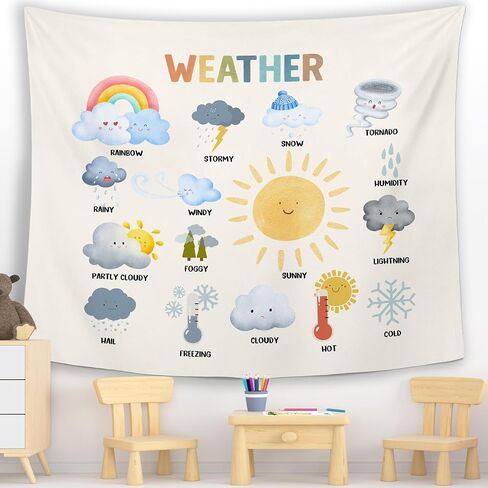 MNASAIOO Classroom Weather Wall Tapestry Hanging for Bedroom, Educational Nursery Sun Rain Tapestries, Rustic Cute Watercolor Wall Decor Banner for Kids Playroom Preschool 50x60in in Saudi Arabia