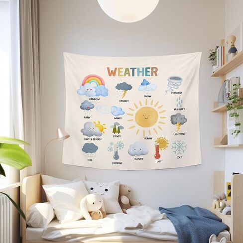MNASAIOO Classroom Weather Wall Tapestry Hanging for Bedroom, Educational Nursery Sun Rain Tapestries, Rustic Cute Watercolor Wall Decor Banner for Kids Playroom Preschool 50x60in in Saudi Arabia