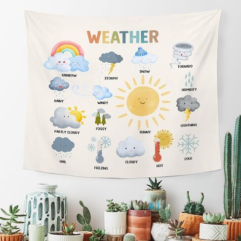 MNASAIOO Classroom Weather Wall Tapestry Hanging for Bedroom, Educational Nursery Sun Rain Tapestries, Rustic Cute Watercolor Wall Decor Banner for Kids Playroom Preschool 50x60in in Saudi Arabia