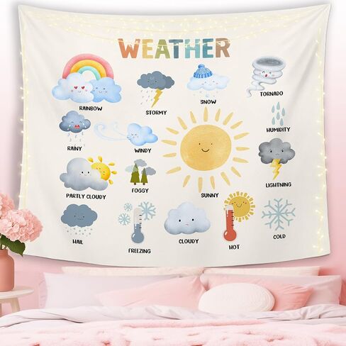 MNASAIOO Classroom Weather Wall Tapestry Hanging for Bedroom, Educational Nursery Sun Rain Tapestries, Rustic Cute Watercolor Wall Decor Banner for Kids Playroom Preschool 50x60in in Saudi Arabia