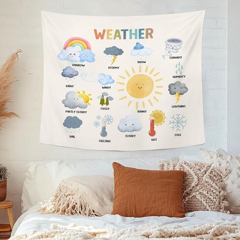 MNASAIOO Classroom Weather Wall Tapestry Hanging for Bedroom, Educational Nursery Sun Rain Tapestries, Rustic Cute Watercolor Wall Decor Banner for Kids Playroom Preschool 50x60in in Saudi Arabia