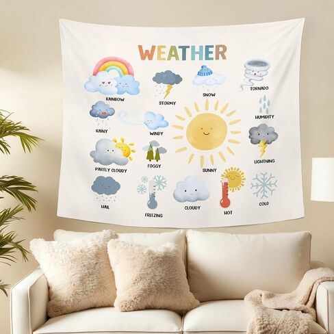 MNASAIOO Classroom Weather Wall Tapestry Hanging for Bedroom, Educational Nursery Sun Rain Tapestries, Rustic Cute Watercolor Wall Decor Banner for Kids Playroom Preschool 50x60in in Saudi Arabia