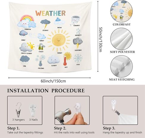 MNASAIOO Classroom Weather Wall Tapestry Hanging for Bedroom, Educational Nursery Sun Rain Tapestries, Rustic Cute Watercolor Wall Decor Banner for Kids Playroom Preschool 50x60in in Saudi Arabia