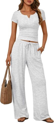 Trendy Queen Women's 2 Piece Matching Lounge Sets Summer Henley Neck Slightly Crop Top Wide Leg Pants Casual Sweat Suit in Kuwait