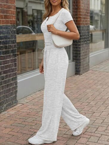 Trendy Queen Women's 2 Piece Matching Lounge Sets Summer Henley Neck Slightly Crop Top Wide Leg Pants Casual Sweat Suit in Kuwait