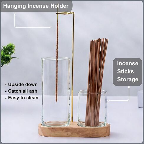 3 in 1 Incense Holder for Burning Insence-Stick & Palo Santo & Sage Sticks, Hanging Upside Down Incense Stick Burner with Glass Ash Catcher & Storage, Upside Down Palo Santo Sage Burner in Kuwait