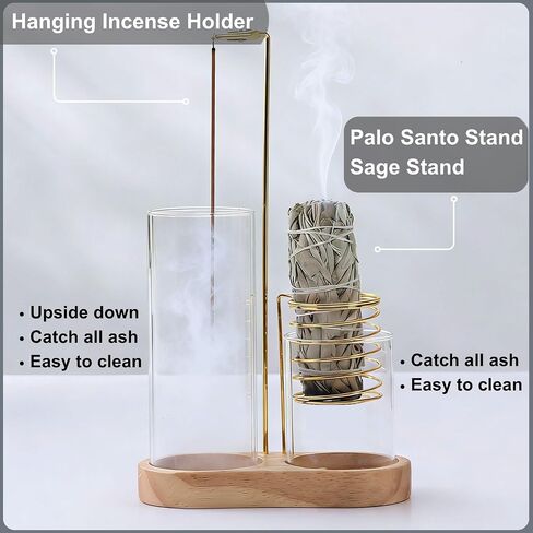 3 in 1 Incense Holder for Burning Insence-Stick & Palo Santo & Sage Sticks, Hanging Upside Down Incense Stick Burner with Glass Ash Catcher & Storage, Upside Down Palo Santo Sage Burner in Kuwait