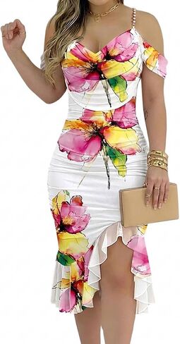 CHICME Womens Sexy Floral Bodycon Party Dress Off The Shoulder Pearls Strap Midi Dress Ruffle Hem Cocktail Dresses in Saudi Arabia