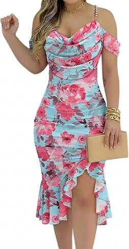 CHICME Womens Sexy Floral Bodycon Party Dress Off The Shoulder Pearls Strap Midi Dress Ruffle Hem Cocktail Dresses in Saudi Arabia