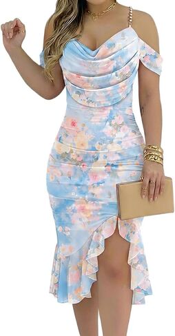 CHICME Womens Sexy Floral Bodycon Party Dress Off The Shoulder Pearls Strap Midi Dress Ruffle Hem Cocktail Dresses in Saudi Arabia