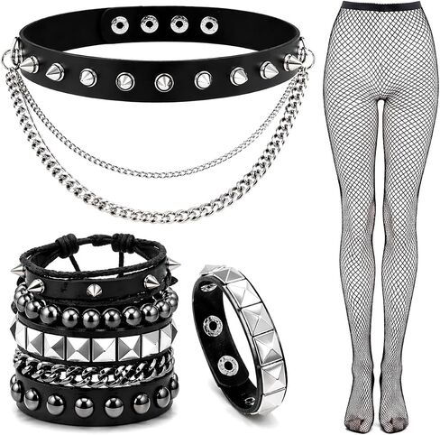 6 Pcs Punk Accessories Set for Women, Punk Rock Bracelets, Emo Necklace & High Waist Fishnet Stockings, Silver Alt Jewelry, Y2K & 80s Outfit, Goth Rockstar Costume Set in Saudi Arabia