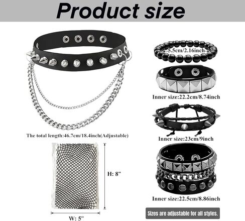 6 Pcs Punk Accessories Set for Women, Punk Rock Bracelets, Emo Necklace & High Waist Fishnet Stockings, Silver Alt Jewelry, Y2K & 80s Outfit, Goth Rockstar Costume Set in Saudi Arabia