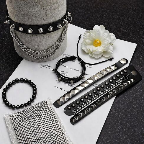 6 Pcs Punk Accessories Set for Women, Punk Rock Bracelets, Emo Necklace & High Waist Fishnet Stockings, Silver Alt Jewelry, Y2K & 80s Outfit, Goth Rockstar Costume Set in Saudi Arabia
