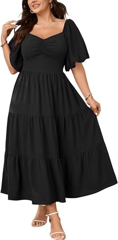 SHESTARR Womens Plus Size Dresses Wedding Guest Puffy Short Sleeve Sweetheart Smocked Tiered Flowy A Line Maxi Dress in Saudi Arabia