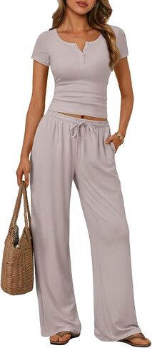 Trendy Queen Women's 2 Piece Matching Lounge Sets Summer Henley Neck Slightly Crop Top Wide Leg Pants Casual Sweat Suit in Kuwait