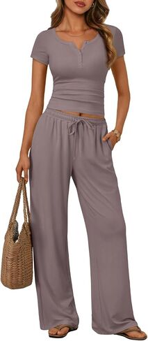 Trendy Queen Women's 2 Piece Matching Lounge Sets Summer Henley Neck Slightly Crop Top Wide Leg Pants Casual Sweat Suit in Kuwait