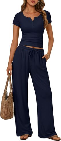 Trendy Queen Women's 2 Piece Matching Lounge Sets Summer Henley Neck Slightly Crop Top Wide Leg Pants Casual Sweat Suit in Kuwait