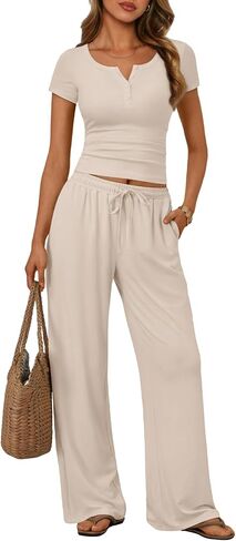 Trendy Queen Women's 2 Piece Matching Lounge Sets Summer Henley Neck Slightly Crop Top Wide Leg Pants Casual Sweat Suit in Kuwait