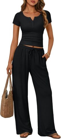Trendy Queen Women's 2 Piece Matching Lounge Sets Summer Henley Neck Slightly Crop Top Wide Leg Pants Casual Sweat Suit in Kuwait