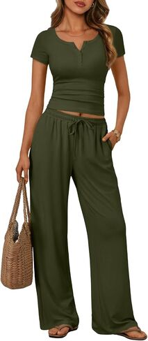 Trendy Queen Women's 2 Piece Matching Lounge Sets Summer Henley Neck Slightly Crop Top Wide Leg Pants Casual Sweat Suit in Kuwait