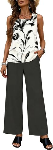 2 Piece Sets for Women Sleeveless Tiered Vest Top and Solid Wide Leg Long Pants Travel Outfits Lounge Set in Saudi Arabia