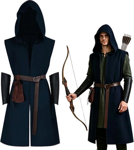 Mens Medieval Hooded Surcoat Renaissance Costume Sleeveless Tunic Pirate Cloak Halloween Outfits in Saudi Arabia