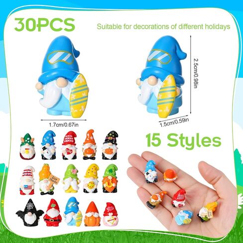 Miniature Resin Gnome Figurines Set 30 Pcs 15 Styles Independence Day 4th of July Seasonal Holiday Gnome Statues for Fairy Garden Terrarium Plant Pots Decor in Kuwait