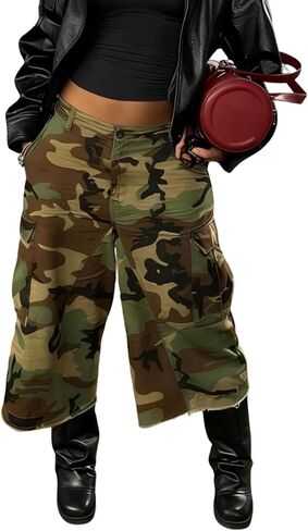 Voghtic Women's Barrel Camouflage Pants - Army Fatigue Cargo Wide Leg Baggy Cropped Jeans in Saudi Arabia