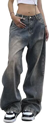 Women Wide Leg Jeans Mid Waist Baggy Loose Boyfriends Jeans Y2K 90s Denim Pants in Kuwait