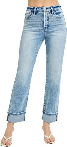 Risen Jeans Women's Tummy Control High Rise Crop Straight Jeans Roll Up Cuff in Kuwait