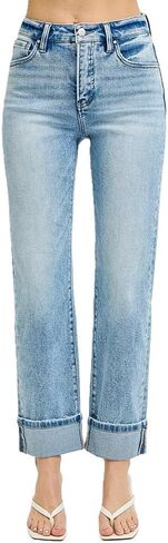 Risen Jeans Women's Tummy Control High Rise Crop Straight Jeans Roll Up Cuff in Kuwait