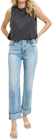 Risen Jeans Women's Tummy Control High Rise Crop Straight Jeans Roll Up Cuff in Kuwait