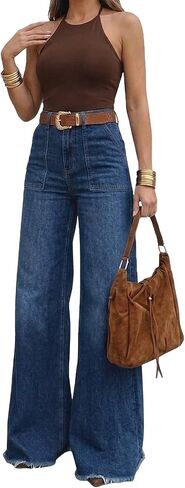 Women's High Waisted Wide Leg Jeans - 70s Retro Patch Pockets, Frayed Raw Hem, Tummy Control Stretch Denim Pants in Kuwait