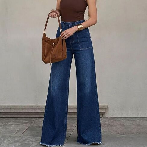 Women's High Waisted Wide Leg Jeans - 70s Retro Patch Pockets, Frayed Raw Hem, Tummy Control Stretch Denim Pants in Kuwait